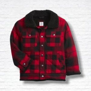 GAP Red & Black Buffalo Plaid Sherpa Lined Trucker Jacket Size 3T